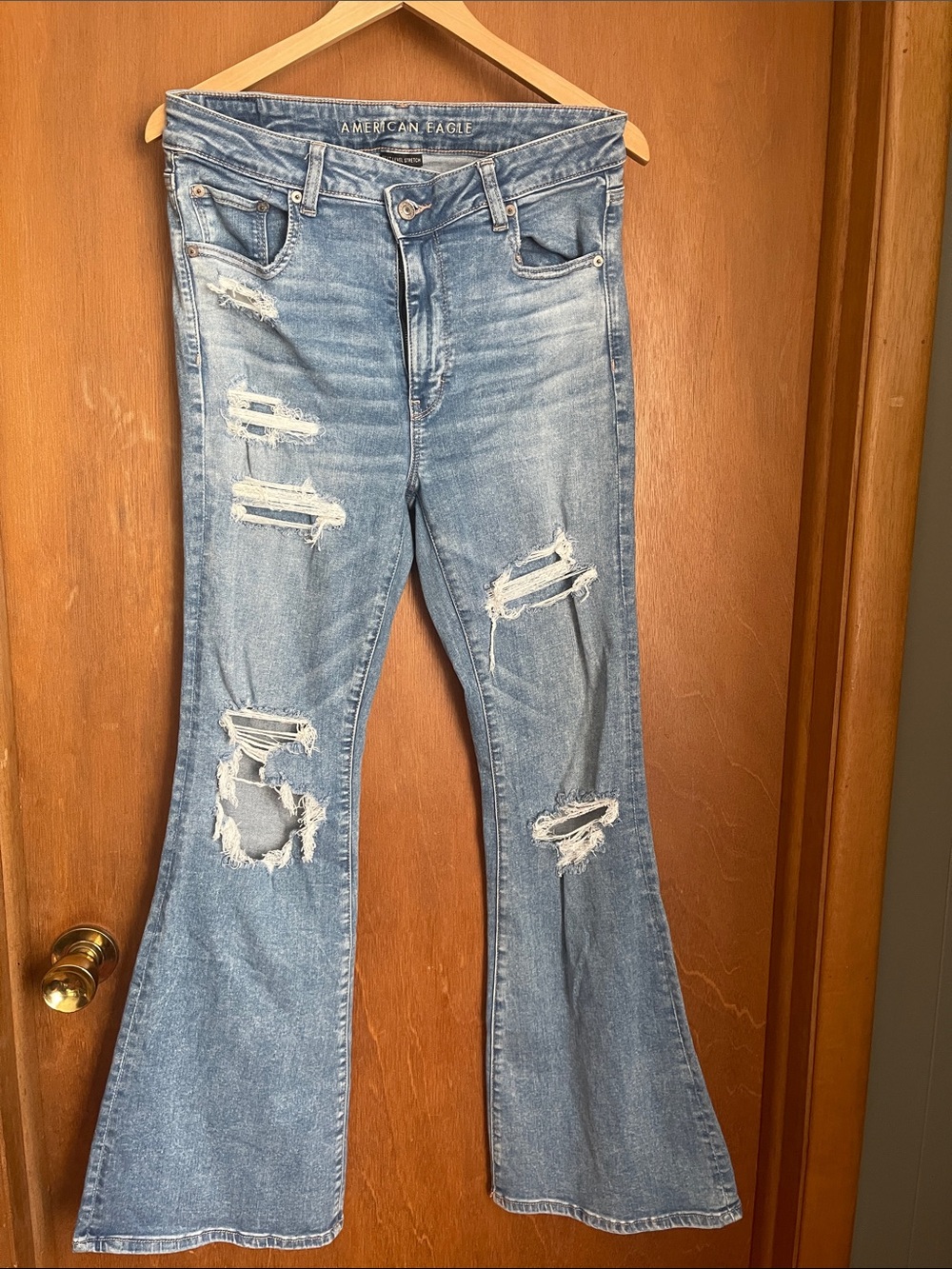 American Eagle Outfitters Super Hi-Rise Flare, Distressed Flare Jeans 12L